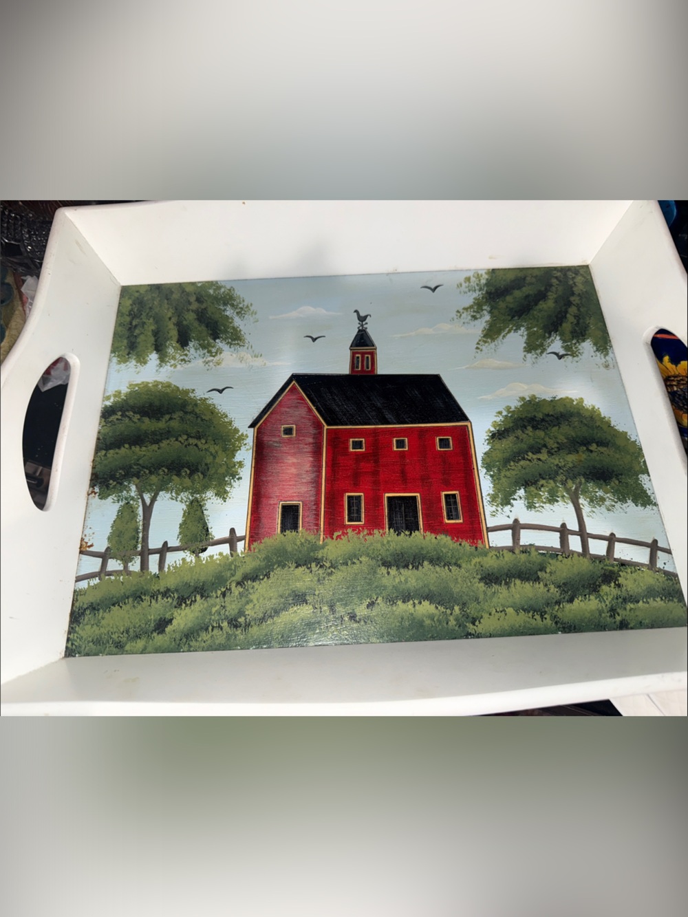 Hand-Painted Sakura Red Barn Wall Art Tray - Rustic Home Accent 16” x 12” x  3”